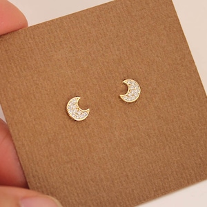 14k Solid Yellow Gold Cubic Zirconia Moon Baby Girls Children Screwback Earrings