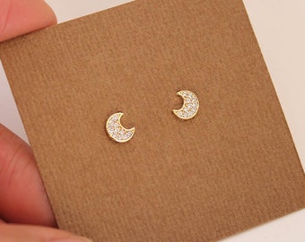 14k Solid Yellow Gold Cubic Zirconia Moon Baby Girls Children Screwback Earrings