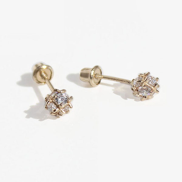 14k Solid Yellow Gold, Round Gold Ball Screwback Earrings, Cubic Zirconia, Baby Girls Children Women Screwback Earrings