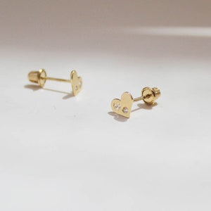 14k Solid Yellow Gold, Heart Screwback Earrings, Cubic Zirconia, Baby Girls Children Women Screwback Earrings