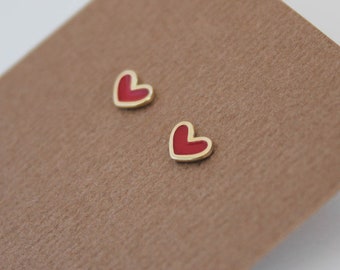 14k Solid Yellow Gold, Enamel Red Heart Screwback Earrings, Baby Girls Children Women Earrings