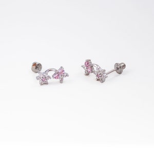 Flower Butterfly Screwback Earrings, 925 Sterling Silver, Cubic Zirconia, Baby Girls Children Screwback Earrings