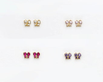 14k Solid Yellow Gold Cubic Zirconia Butterfly Baby Girls Children Screwback Earrings