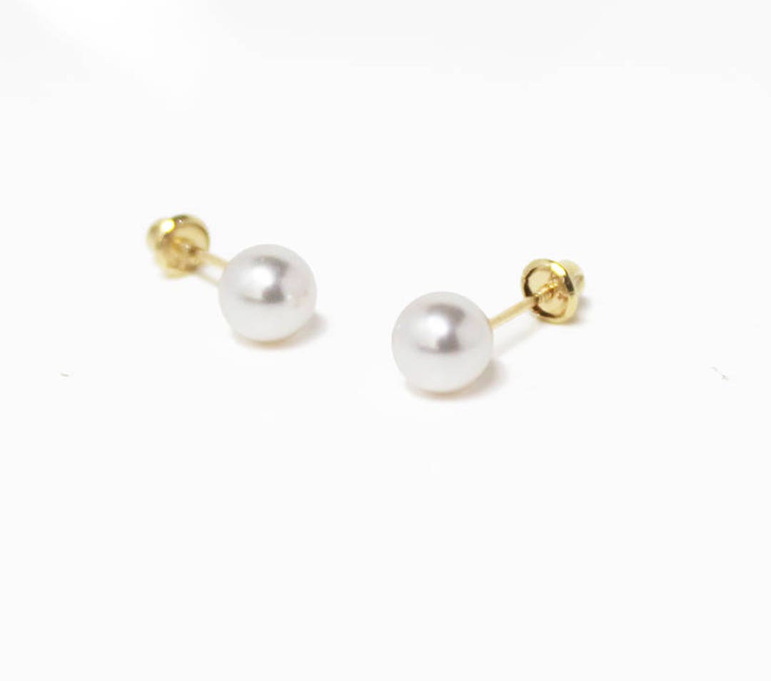 Simulated Pearl Ball Screwback Earrings, 14k Solid Yellow Gold, Baby ...