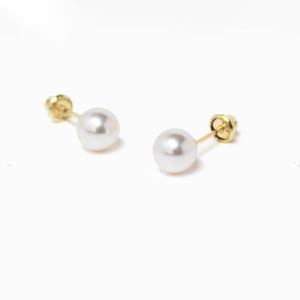 Pendientes de perla simulada con cierre de rosca, oro amarillo macizo de 14 k, para niñas y mujeres.