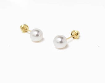 Simulated Pearl Ball Screwback Earrings, 14k Solid Yellow Gold, Baby Girls Children Women Screwback Earrings
