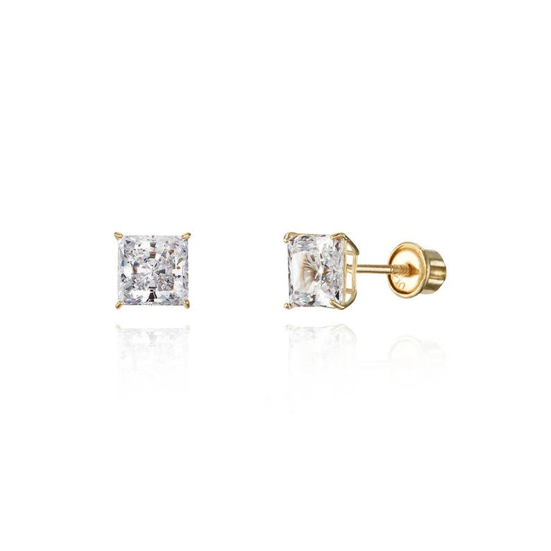 14k Solid White or Yellow Gold Cubic Square Stud Baby Girls Children Screwback Earrings image 3