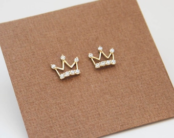 14k Solid Yellow Gold Princess Crown Cubic Zirconia Baby Girls Children Kids Screwback Earrings