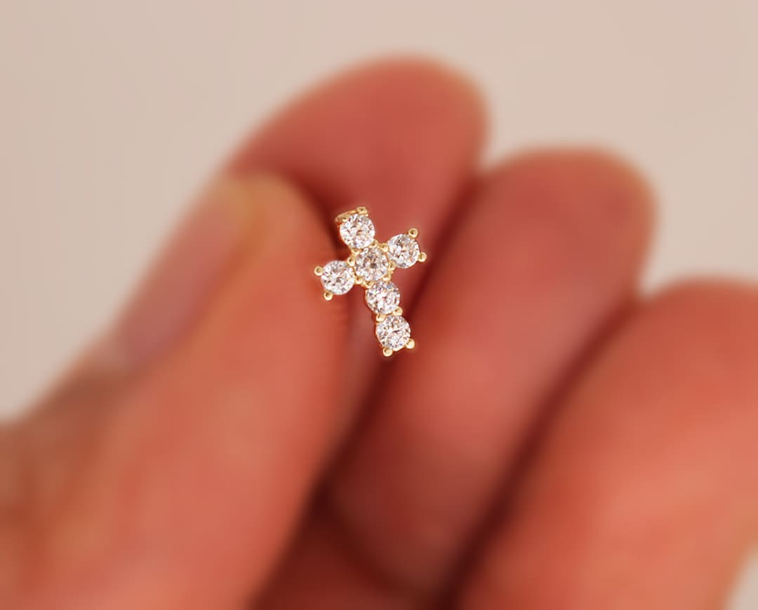 14k Solid Yellow Gold Cubic Zirconia Cross Baby Girls Children Screwback Earrings