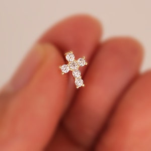 14k Solid Yellow Gold Cubic Zirconia Cross Baby Girls Children Screwback Earrings