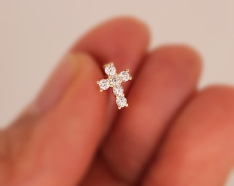 14K Solid Gold Tiny White CZ Cross Stud Earrings, Tiny Stud  Yellow Gold Earrings - TGE40030