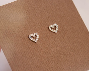 14k Solid Yellow Gold Small Heart Cubic Zirconia Children Screwback Baby Girls Earrings