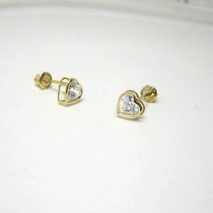 14k Solid Yellow Gold Cubic Zirconia Heart Baby Girls Children Screwback Earrings