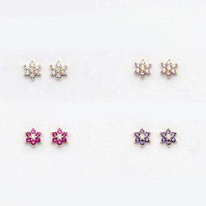 14k Solid Yellow Gold, Cubic Flower Screwback Earrings, Cubic Zirconia, Baby Girls Children Women Screwback Earrings