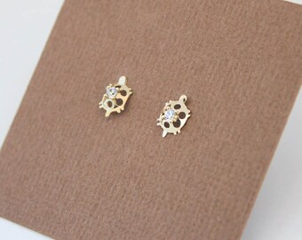 14k Yellow Solid Gold, Turtle Screwback Earrings, Cubic Zirconia, Baby Girls Children Women Screwback Earrings