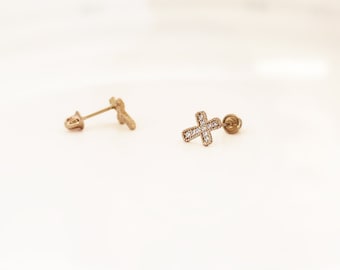 14k Solid Yellow Gold Cubic Zirconia Cross Baby Girls Children Screwback Earrings