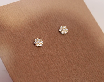 14k Solid Yellow Gold Cubic Zirconia Round Flower Baby Girls Children Screwback Earrings