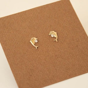 14k Gelbgold, Delfin Schraubohrringe, Cubic Zirkonia, Baby Mädchen Kinder Frauen Schraubohrringe