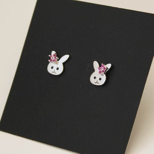 Flower Rabbit Screwback Earrings, 925 Sterling Silver, Cubic Zirconia, Baby Girls Children Screwback Earrings