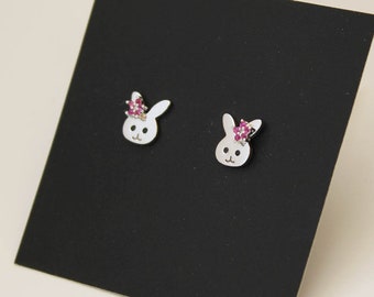 Flower Rabbit Screwback Earrings, 925 Sterling Silver, Cubic Zirconia, Baby Girls Children Screwback Earrings