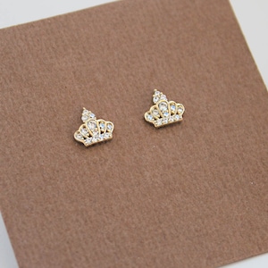 Or jaune massif 14 carats, boucles d'oreilles vissées couronne de princesse, zircones cubiques, boucles d'oreilles vissées bébé filles enfants femmes