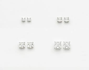 Square Stud Screwback Earrings, 925 Sterling Silver, Cubic Zirconia, Baby Girls Children Earrings