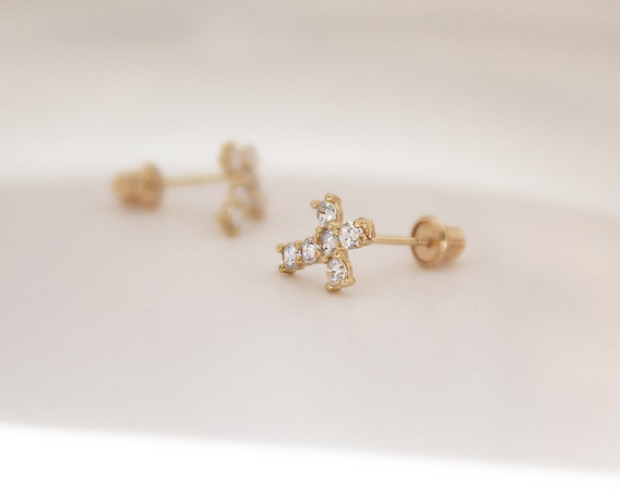 14k Solid Yellow Gold Cubic Zirconia Cross Baby Girls Children Screwback Earrings