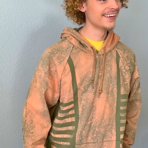 Custom Bleach Striped Unisex Organic Cotton Pullover Hoodie in Olive Green