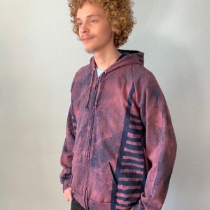 Custom Bleach Striped Unisex Organic Cotton Full Zip Hoodie in Navy Blue