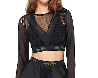 See Through Fishnet Top Cropped Black Mesh Top Sheer Long Sleeves Croptop | LOVE KHAOS
