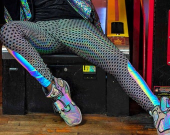 Meggings Mens Leggings With Pockets Holographic Silver Tights Reflective Rave Outfit Festival Leggings Burning Man Pants | LOVE KHAOS
