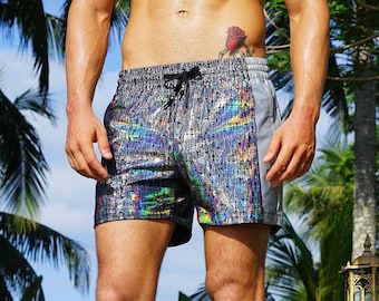 Graphic Shorts Silver Reflective Shorts Rave Festival Outfits Mens Drawstring Shorts | LOVE KHAOS