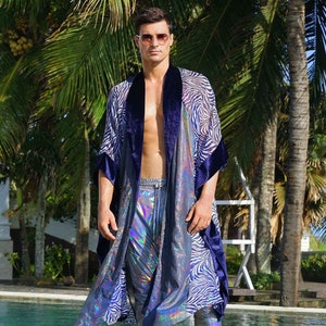 Long Velvet Kimono Robe Blue Zebra Print Holographic Maxi Kimono Men | LOVE KHAOS