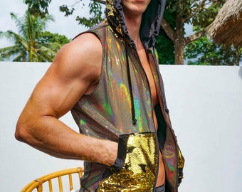 Festival Clothing Men Hooded Vest shiny Sequin Vest burningman holographic mens rave shirt sleeveless jacket mens tank top by Love Khaos