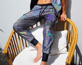 Cargo Joggers Velvet Rave Pants Men Silver Holographic Festival Pants | LOVE KHAOS