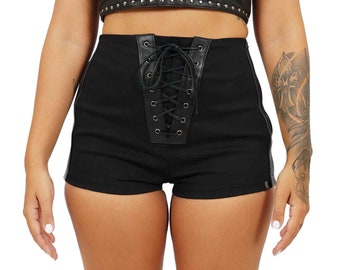 Leather Shorts Women High Waisted Shorts Black Rave Shorts Black Booty Shorts Studded Shorts Baddie Goth Rave Techno Clothing | LOVE KHAOS