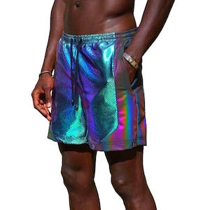 Mens Festival Shorts with Zipper Pockets, Sequin Rave outfit for men, Reflective shorts, Holographic Burning man costume | LOVE KHAOS
