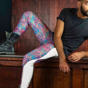 Sparkly meggings holographic leggings mens tights futuristic clothing men printed leggings with pockets reflective rave pants | LOVE KHAOS