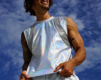 Futuristic Shirt Iridescent Shirt Reflective Shirt muscle tank tops festival clothing men rave men silver tank top BurningMan | Love Khaos