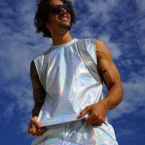 Futuristisches Shirt Irisierendes Shirt Reflective Shirt Muskel Top Festival Kleidung Männer rave Männer silber Tank Top BurningMan | Liebe Khaos