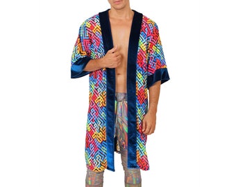 Men Kimono Robe Colorful Printed Mens Festival Robe Velvet Kimono | LOVE KHAOS