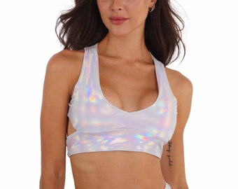 Iridescent White Rave Bra Top Holographic Festival Bikini | LOVE KHAOS