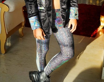 Leggings Meggings para hombre con bolsillos, leggings holográficos para festivales, atuendo rave plateado, pantalones Burning Man / LOVE KHAOS