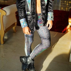 Meggings, Mens Leggings with pockets, Holographic festival leggings silver white rave outfit burning man pants | LOVE KHAOS