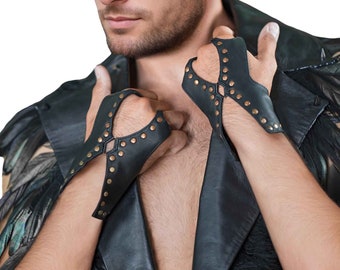 Leather Hand Harness Black Leather Cuff Bracelet, Studded Punk Gloves Fingerless | LOVE KHAOS