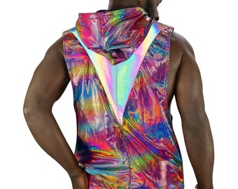 Psychedelic Tank Top Holographic Top rainbow reflective muscle tank sleeveless hoodie Rave Outfit men Burning Man clothing Men by Love Khaos
