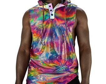 Mens Rave Top Holographic Shirt, Shiny Rainbow reflective Shirt mens singlet gay rave hoodie sleeveless Neon Top Festival vest by Love Khaos