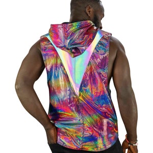 Psychedelisches Tank Top Holographisches Oberteil Regenbogen reflektierender Muskelpanzer Hoodie Rave Outfit Männer Brennender Mann Kleidung Männer von Love Khaos