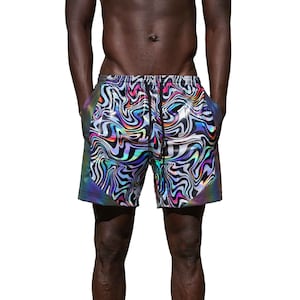 Mens Basketball Shorts Trippy Neon Holographic Shorts Burning Man Outfit Psychedelic Clothing Rave Shorts Festival Fashion Men | LOVE KHAOS