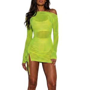 Neon Green Festival Dress Mesh Sheer Dress Long Sleeve Fishnet Dress | LOVE KHAOS